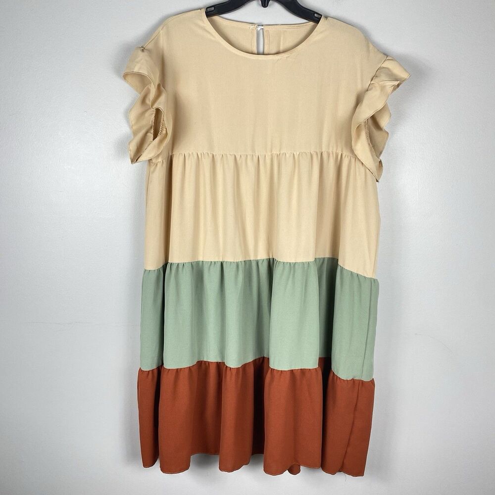 Womens Tiered Dress Babydoll Size XL Short Sleeve Boho Neutral Peasant Western